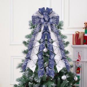 Joyfy 45 inch Blue & Silver Christmas Tree Topper Bow, Green Red White Ribbon Ornaments with Stripes and Dots, Christmas Tree Decorations Indoor - 1 of 4