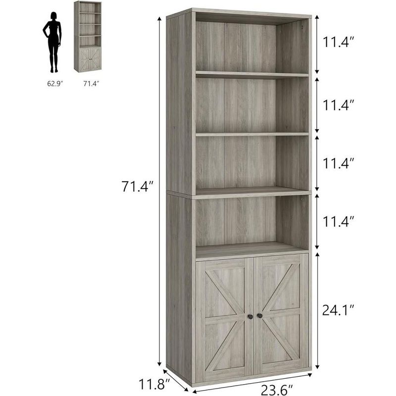 Bookcase with Doors Industrial Bookshelf 11.8in Depth Display Storage Shelves 71.4in Tall Grey, 4 of 7