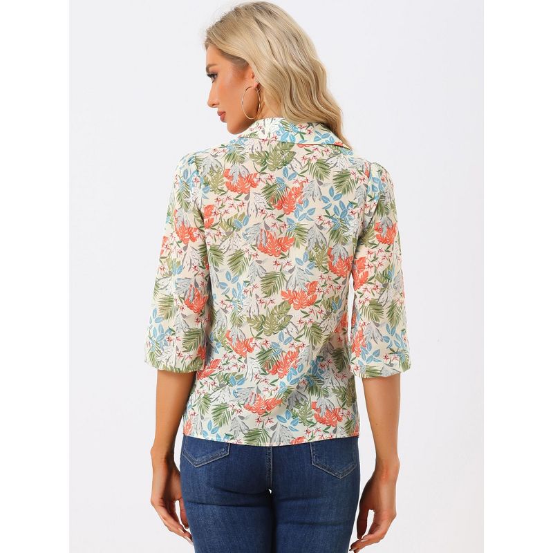 Allegra K Women's Point Collared 3/4 Sleeves Sheer Lightweight Leaves Floral Print Shirt, 3 of 6