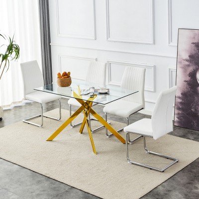 Dolonm  51.18" Rectangular Clear Tempered Glass Dining Table,Stylish Design with Golden Metal Legs, Dining Table for Dining Room