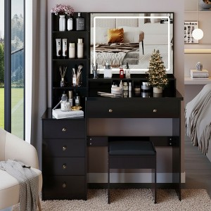 FONTOI 29.2"W/37"W/41"W Makeup Vanity Table with Left Drawer Stool Large Sliding Mirror Capacity Storage for Bedroom Dressing Room, White/Black - 1 of 4