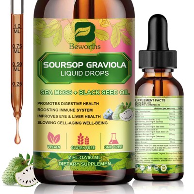 B Beworth Soursop Graviola Liquid Drop with Balckseed oil, for Immune Boost, Relax, Liver and Sleep, 2 Fl Oz