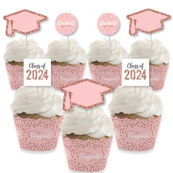 Big Dot of Happiness Rose Gold Grad - Cupcake Decoration - 2024 Graduation Party Cupcake Wrappers and Treat Picks Kit - Set of 24