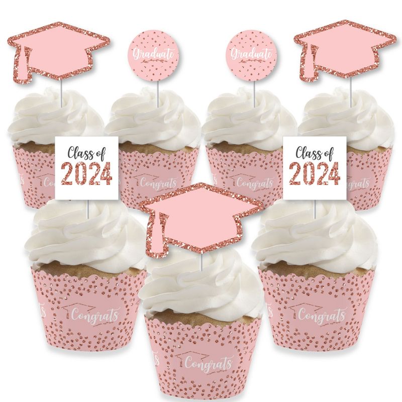 Big Dot of Happiness Rose Gold Grad - Cupcake Decoration - 2024 Graduation Party Cupcake Wrappers and Treat Picks Kit - Set of 24, 1 of 8