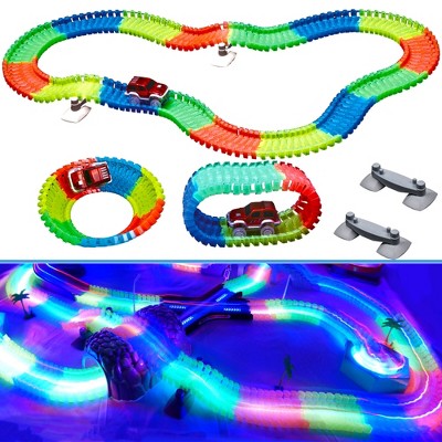 5 Star Super Deals Magic Light Up Glow In the Dark Race Track Set - Snap Together Neon Twisting Flexible Raceways Creative STEM Play - LED Car 162pc