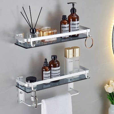 Angel Sar 2-Tier Glass Bathroom Shelf, 15.7 Inch Tempered Glass Shelves with Towel Bar, Wall Mounted Storage