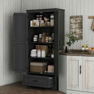 Resenkos 69" Tall Farmhouse Kitchen Pantry Cabinet with 2 Doors, Drawer and Adjustable Shelves for Dining Room, Black - 1 of 4