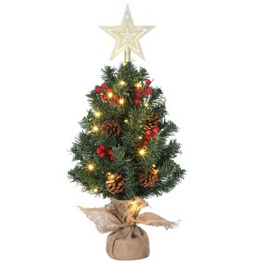 Mini Christmas Tree with Top Star & Lights, Tabletop Artificial Christmas Tree with Red Berries & Pine Cones, DIY Gifts for Holiday Decorations - 1 of 4