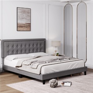 Modern Upholstered Platform Bed with Button Tufted Headboard - 1 of 4
