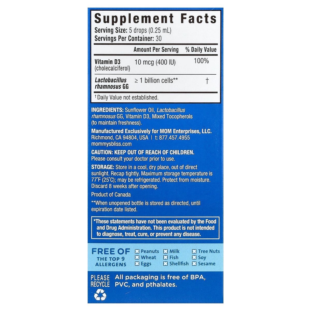 Mommy's Bliss Baby Probiotic Drops + Vitamin D, Newborn+, 0.34 fl oz (10 ml) - thumbnail 2