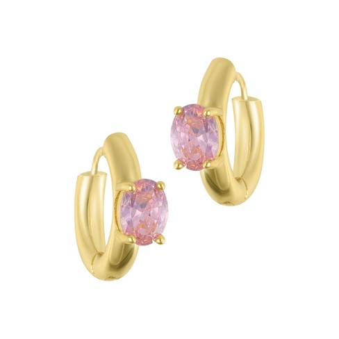 Adornia Tarnish Resistant 14k Gold Plated Chubby Hoop with Pink Oval Stone - image 1 of 2