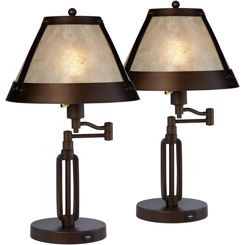 Franklin Iron Works Samuel Industrial Desk Lamps 21 1/4" High Set of 2 Bronze Swing Arm with USB Charging Port Natural Mica Shade for Living Room Home, 1 of 8