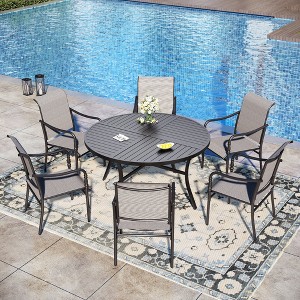 Captiva Designs 7pc Outdoor Dining Steel Table with Umbrella Hole & Fixed Metal Chairs - 1 of 4