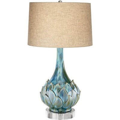 Possini Euro Design Kenya Blue-Green Ceramic Table Lamp With 8" Wide Round Riser