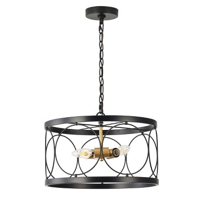 Modern 2-Light Drum Pendant Light, Black Cage Chandelier with Gold Sockets for Entryway, Bedroom