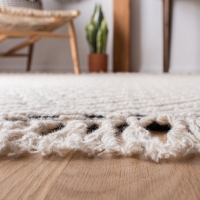 Handmade Ivory and Black Wool Geometric Runner Rug, 2'3" x 8'