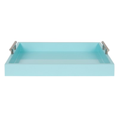 Light Teal Rectangular Wood Tray with Metal Handles
