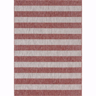 Rust Red and White Striped Outdoor Rectangular Rug