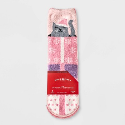 Kids' 2pk Cozy Cat Socks with Gift Card Holder Packaging - Wondershop™ Pink 