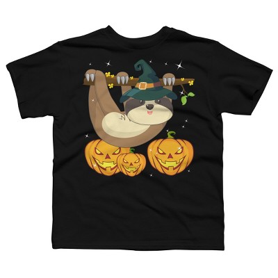 Boy's Design By Humans Funny Witch Sloth With Jack O Lantern Halloween T-Shirt By thebeardstudio T-Shirt