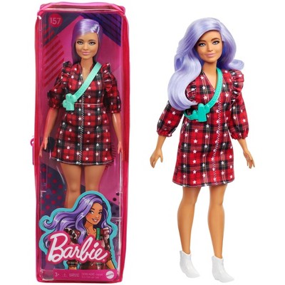 Barbie Fashionistas Doll #157, Curvy with Lavender Hair Wearing Red Plaid Dress