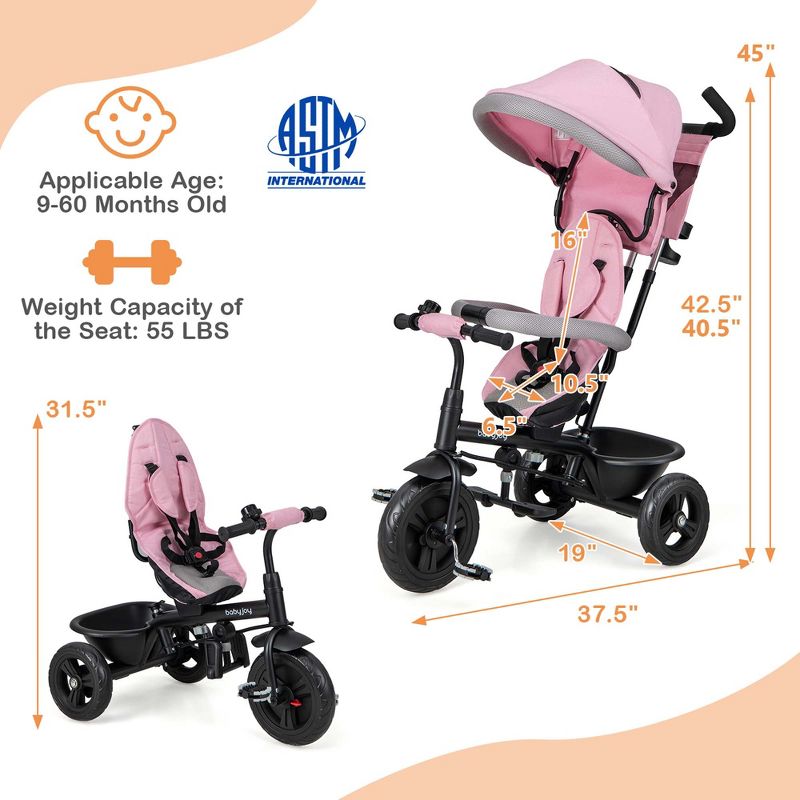 Babyjoy 4-in-1 Multifunctional Tricycle Kids Trike with Removable Canopy & Push Handle Black/Gray/Pink, 3 of 11