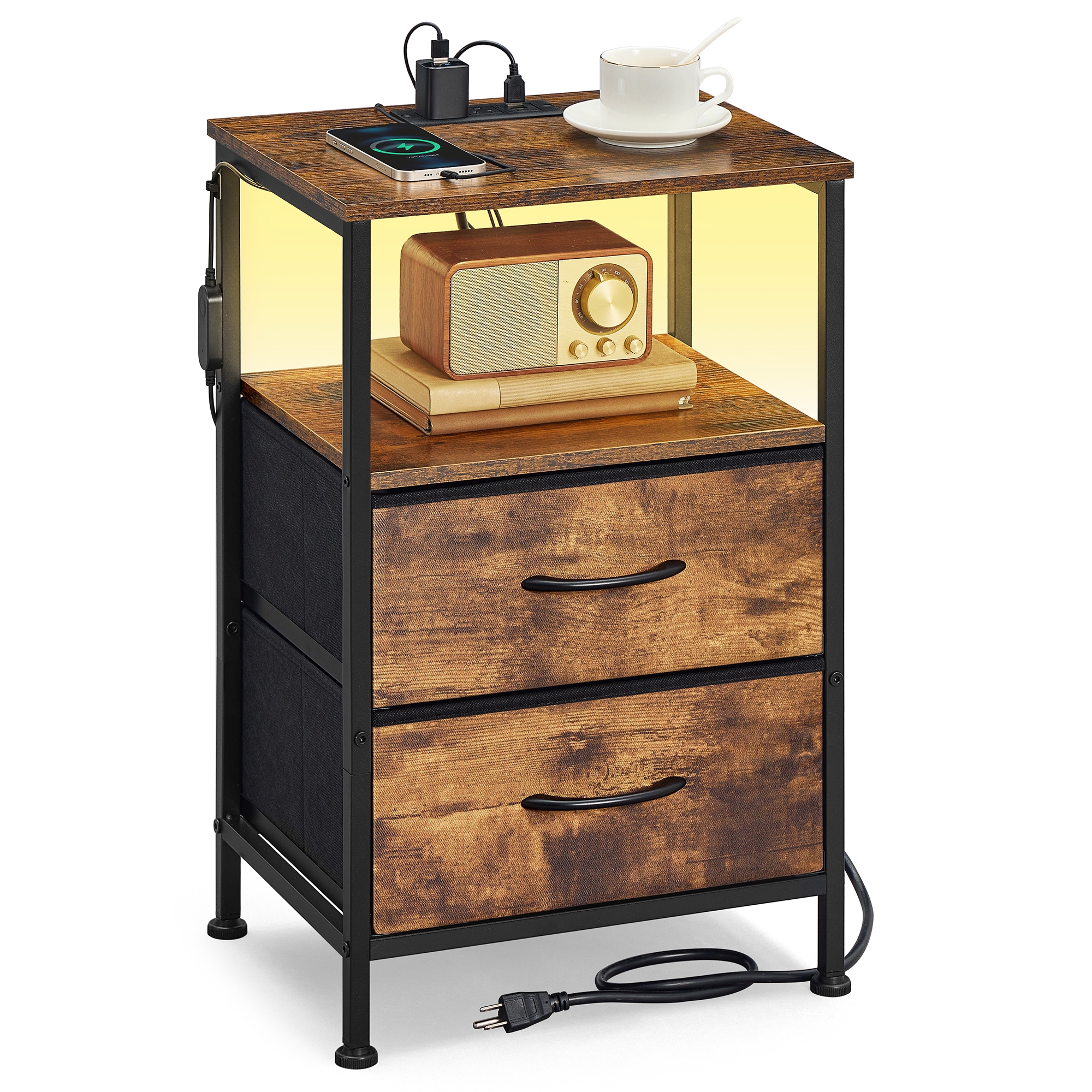 SONGMICS BELLAH Collection - Nightstand with Charging Station,App-Controlled Adjustable LED Lights, 2 Drawers,Open Shelf,Rustic Brown and Ink Blac