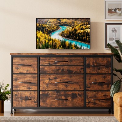 10 Drawer Dresser with Wooden Top for Bedroom, Rustic Tv Stand Dresser with Power Outlet for 55" TV, Fabric Dressers with Drawers for Living Room