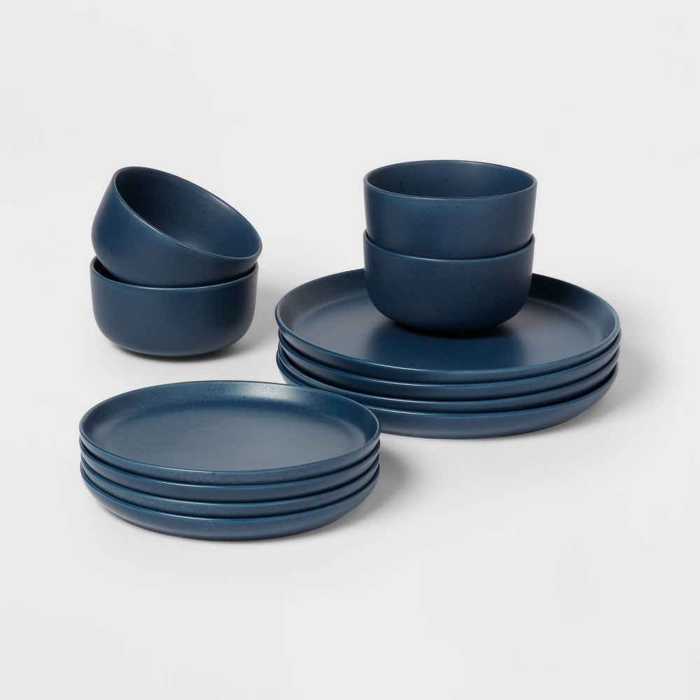 12pc Stoneware Tilley Dinnerware Set Blue - Threshold™: Solid Dish Set, Microwave & Dishwasher-Safe, Service for 4 -  87650572