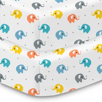 BreathableBaby Cotton Percale Fitted Sheet, For 52" x 28" Crib & Toddler Bed Mattress, Elephants (2-Pack)