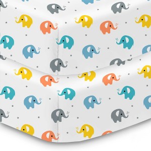 BreathableBaby Cotton Percale Fitted Sheet, For 52" x 28" Crib & Toddler Bed Mattress, Elephants (2-Pack) - 1 of 4