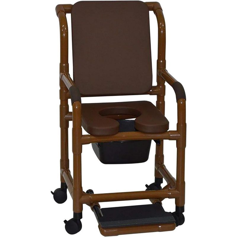 MJM International Corporation shower chair 18 in width 3 in BROWN seat BROWN cushion padded back sliding footrest 10 qt slide mode pail 300 lb wt, 1 of 2