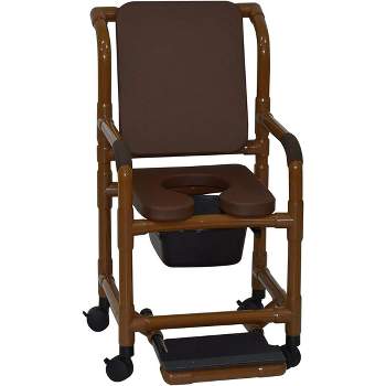 MJM International Corporation shower chair 18 in width 3 in BROWN seat BROWN cushion padded back sliding footrest 10 qt slide mode pail 300 lb wt