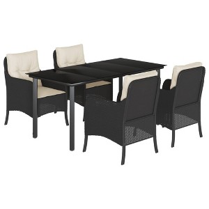 vidaXL 5 Piece Patio Dining Set - Black Poly Rattan Outdoor Furniture with Cushions, Glass Tabletop - Ideal for Garden, Backyard, and Patio - 1 of 4
