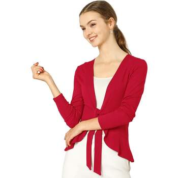 Allegra K Women's Tie Front Ruffled Hem Long Sleeve Knit Cardigan