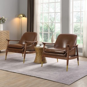 29.2'' Cognac Faux Leather Mid-Century Accent Chairs with Cushioned Seat, Solid Wood Frame and Brass-Tipped Legs (Set of 2( - 1 of 4