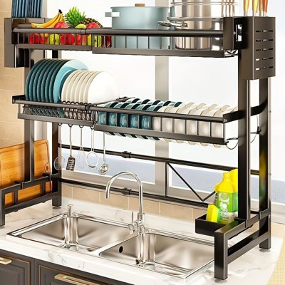 Racxily 2 Tier Countertop Dish Storage Drain Rack, Etractable Kitchen Sink Dish Rack, Kitchen Drainer Tableware Organizer Set