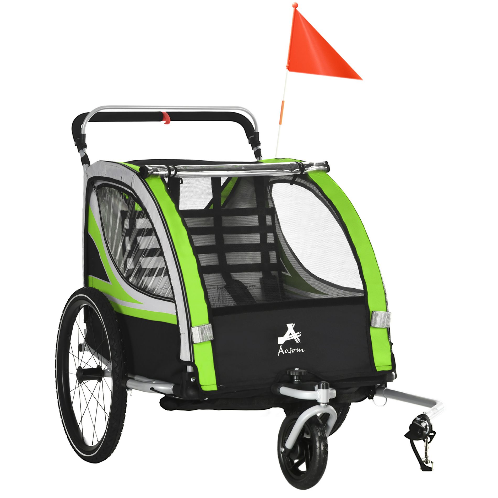 Aosom 2-in-1 Walk/Ride Child Baby Bike Trailer for Kids 2 Seater, Bike Stroller for Toddler Wagon, Double Bicycle Trailer, Green