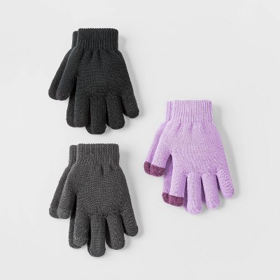 Girls' 3pk Gloves - Cat & Jack™ Black/Purple/Gray