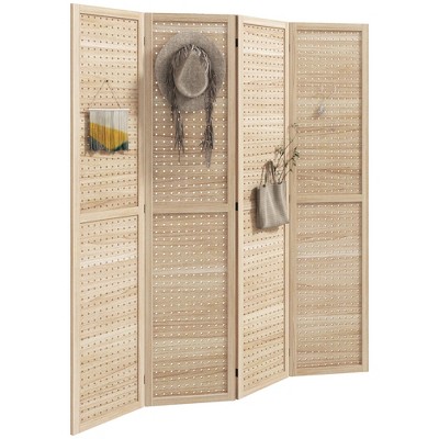 HOMCOM 5.6' Tall Wood Room Divider, Folding Privacy Screens with Hole Hooks, Natural