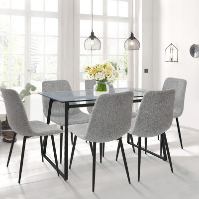 Mona+Bingo 7-Piece Black Rectangular Clear Tempered Transparent Glass Table with 6 Upholstered Side Chairs-Maison Boucle