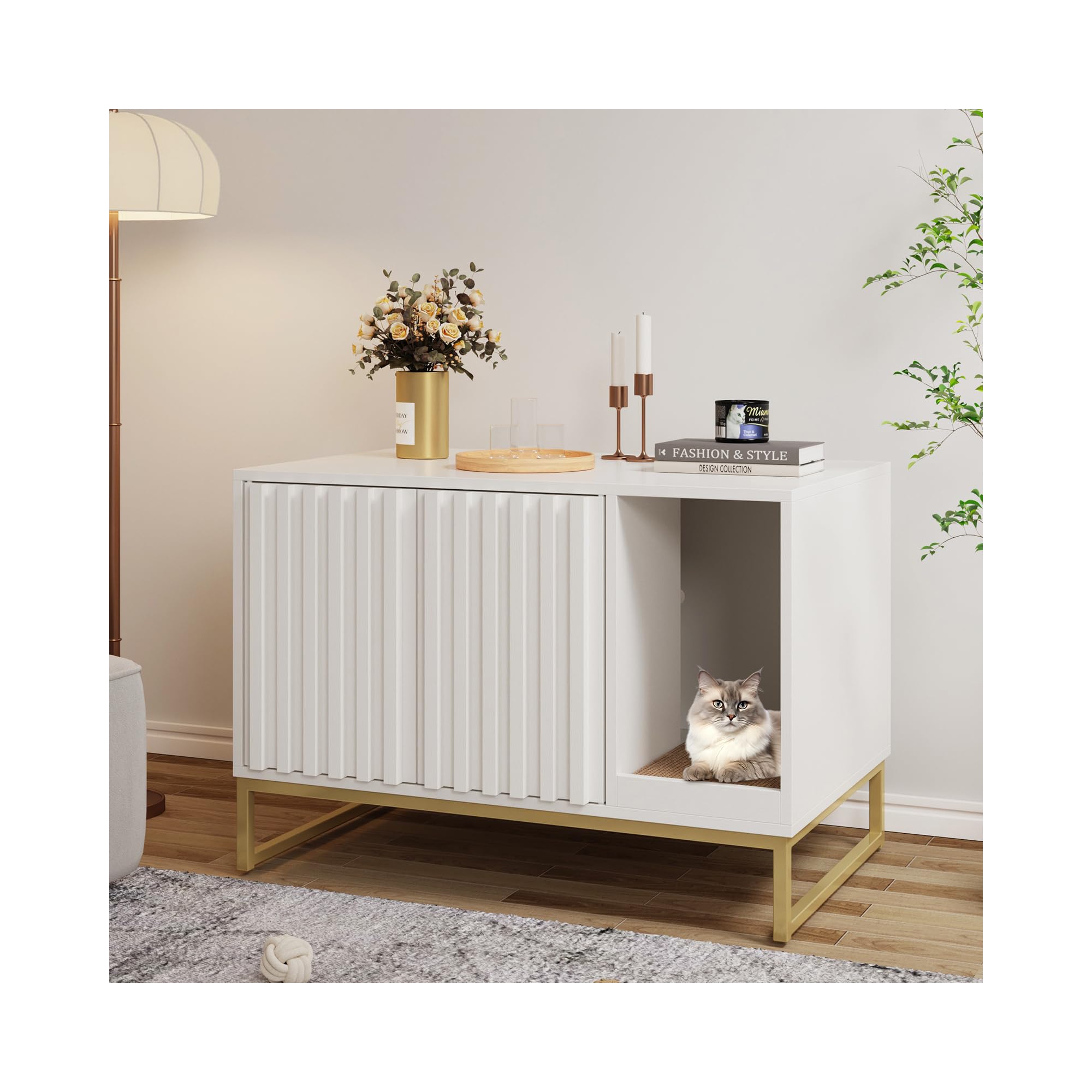 Modern Cat Litter Box Enclosure Furniture with Scratch Pad, Cat Washroom House, White