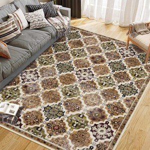 Retro Oriental Rhombus Printed Distressed Rug Washable Thin Low Pile Area Rugs for Living Room Indoor Non Slip Soft Carpet for Bedroom - 1 of 4