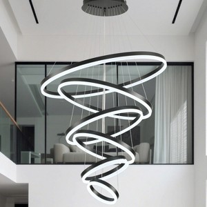 BAOURE 6 Rings Chandelier LED Dimmable Ceiling Light, 31.4" Large Black Modern LED Chandeliers for High Ceiling Entryway Staircase - 1 of 4