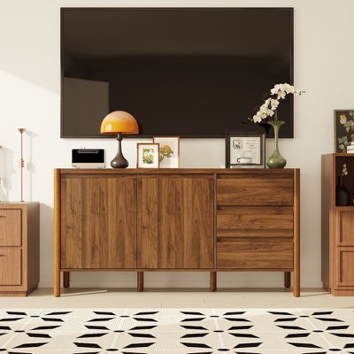 Famapy Mid - Century Modern Walnut Wood Storage Cabinet with Drawers & Solid Wood Legs,Stylish Bookshelf/Entertainment Unit for Living Room