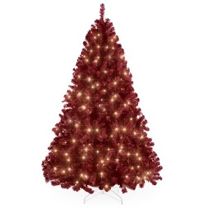 Best Choice Products Pre-Lit Burgundy Christmas Tree, Artificial Full Holiday Decoration w/ Incandescent Lights - 1 of 4