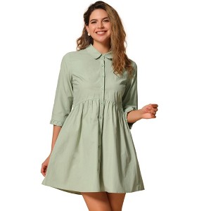 INSPIRE CHIC Women's 3/4 Sleeve Button Front Solid Color Flare Mini Shirt Dress - 1 of 4