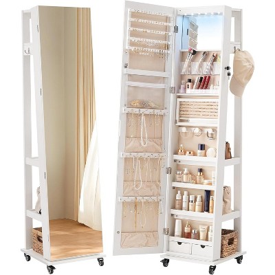 LED Lockable Jewelry Cabinet, Jewelry Organizer on Wheels, Standing Jewelry Armoire
