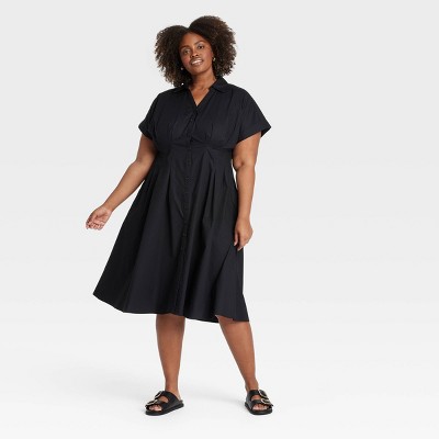 Women's Short Sleeve Pleated Midi Shirtdress - Ava & Viv™ Black 1X