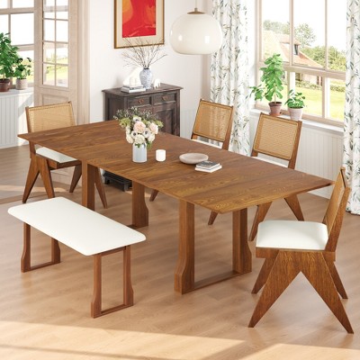 6 Piece Extendable Dining Table Set Dining Set with Removable Leaf, 4 Wicker Back Upholstered Dining Chairs and Long Bench, Walnut/Espresso-ModernLuxe